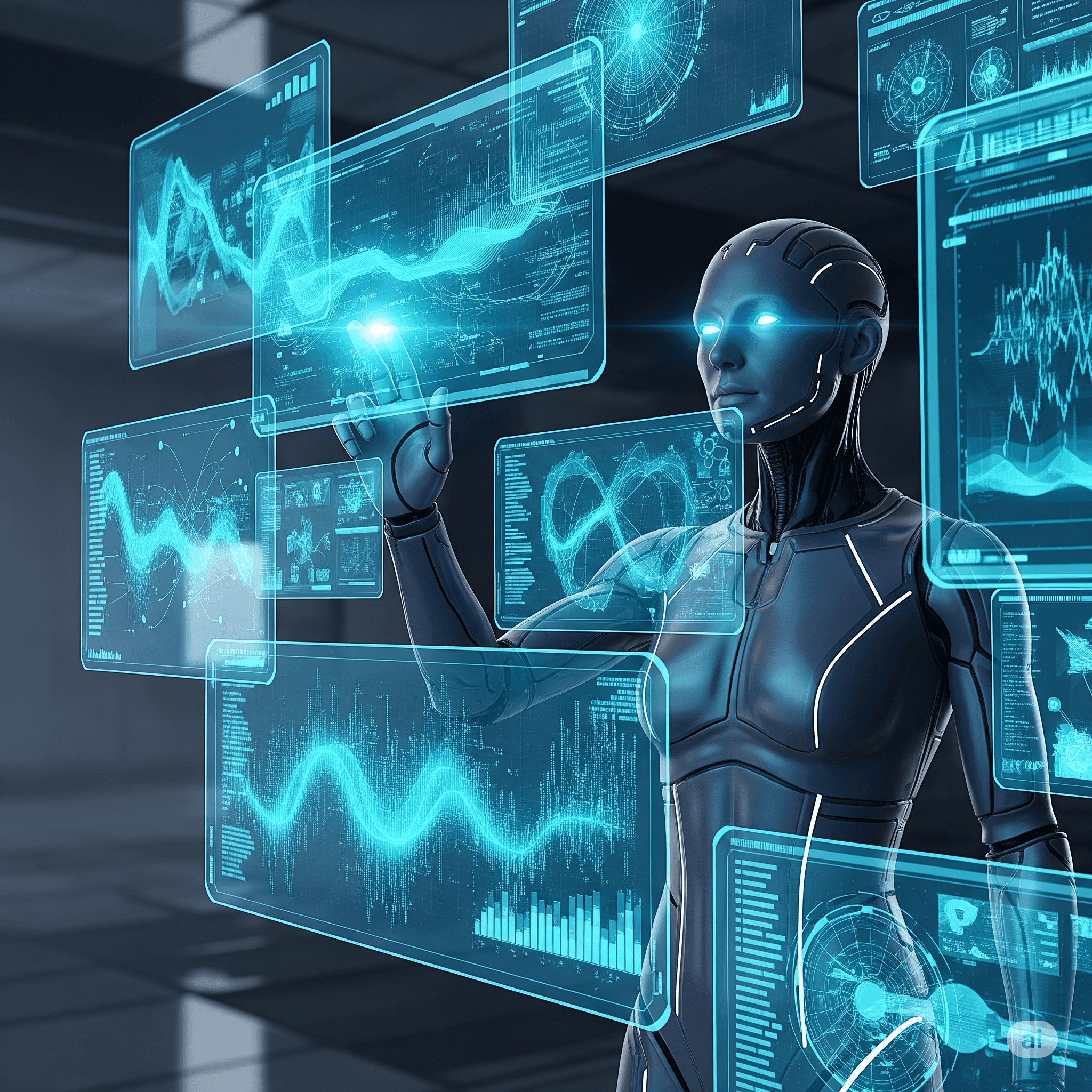 Futuristic humanoid operating virtual computer screens
